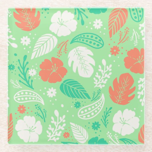 Grün- und Orangefarbenes tropisches Blattmuster Glasuntersetzer (Vorderseite)