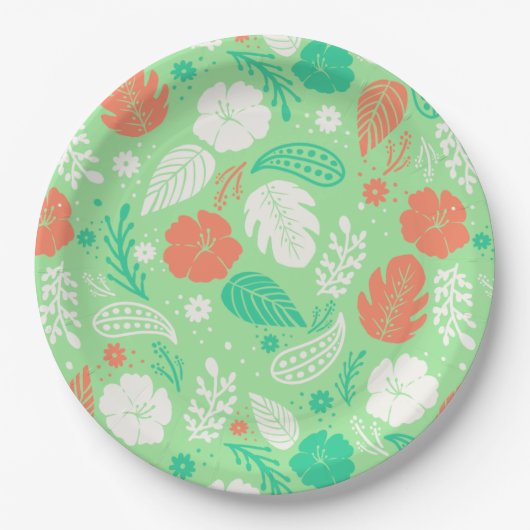 Grün- und Orangefarbenes tropisches Blattmuster Pappteller (Vorderseite)