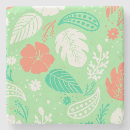 Grün- und Orangefarbenes tropisches Blattmuster Steinuntersetzer (Vorderseite)