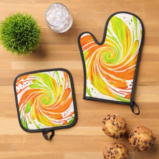 Grün- und Orangenspiraldesign Ofenhandschuh & Topflappen-Set (Oben Unten)
