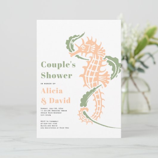 Grün und pfirsichfarbenes Seepferd - Paare duschen Einladung (Stehend Vorderseite)