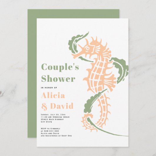 Grün und pfirsichfarbenes Seepferd - Paare duschen Einladung (Vorne/Hinten)