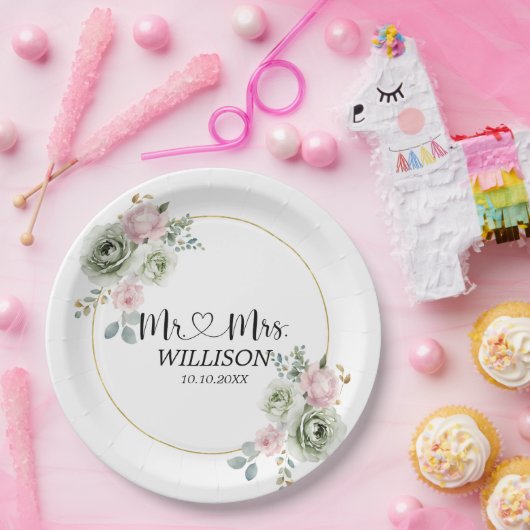 Grün- und rosa Blume Hochzeit Pappteller (Party)