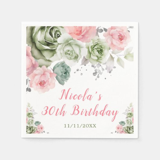 Grün und Rosa Blumenbäume Geburtstag Serviette (Vorderseite)
