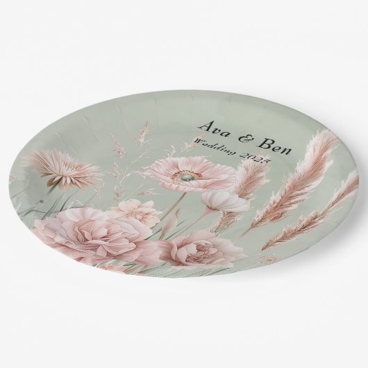 Grün und Rosa Wildblumen Hochzeit Pappteller (Schrägansicht)