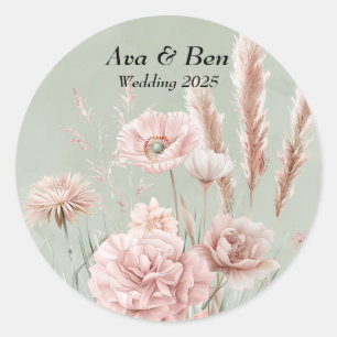 Grün und Rosa Wildblumen Hochzeit Runder Aufkleber