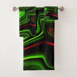 Grün und rot gekrümmte Linien über dunkelgrünem Fo Badhandtuch Set