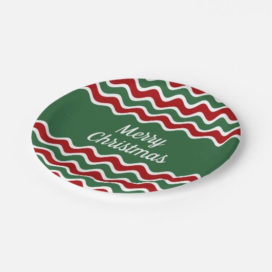 Grün und rot gestreift frohe Weihnachten Pappteller (Schrägansicht)