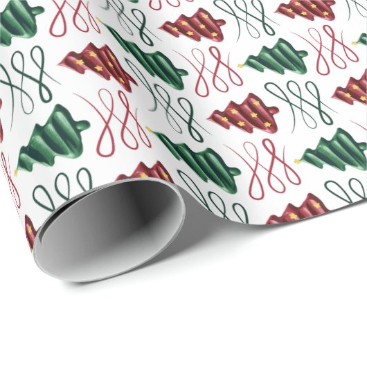 Grün und Rot gezeichnet Weihnachtsbaum Geschenkpapier (Rolleneckpunkt)