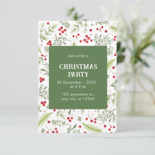 Grün und Rot Pine und frohe Weihnachten Einladung (Stehend Vorderseite)