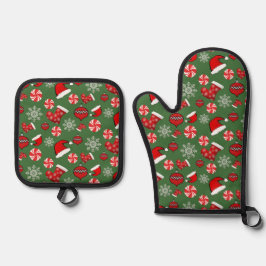 Grün und Rot Weihnachten Halbtrop Muster Ofenhandschuh & Topflappen-Set