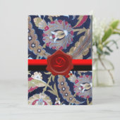 GRÜN UND SCHWARZ, BLAUER DAMASK, ROTES WAX SIEGEL  EINLADUNG (Stehend Vorderseite)