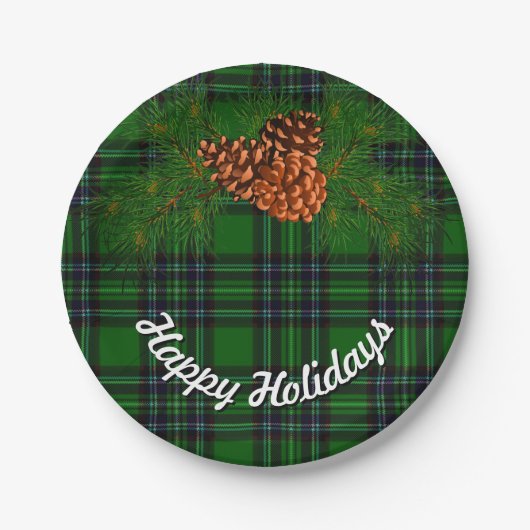 Grün und Schwarz kariert - Kiefernzapfen Pappteller (Vorderseite)