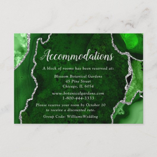 Grün und Silber Achat Hochzeitsunterkünfte Begleitkarte (Vorderseite)