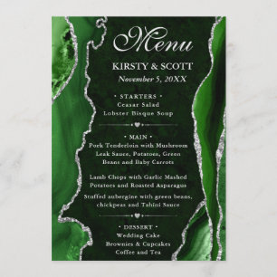 Grün und Silber Faux Glitter Achat Hochzeit Menükarte