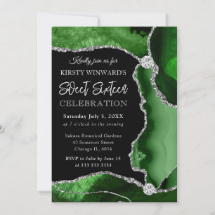 Grün und Silber Faux Glitter Achat Sweet 16 Einladung