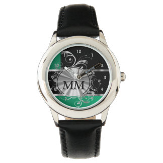 Grün und Silber-Monogramm in schwarz Armbanduhr