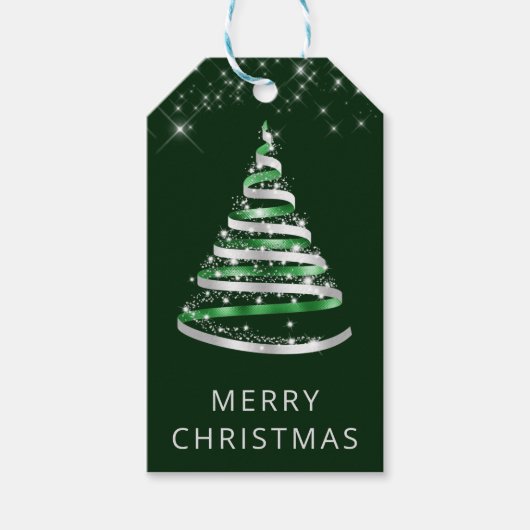 Grün und Silberband und Glitzer Weihnachtsbaum Geschenkanhänger (Vorderseite)