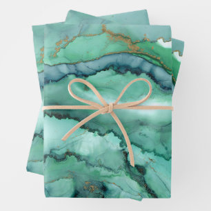 Grün- und Türkis-Abstrakt-Wasserfarbe Marmor  Geschenkpapier Set