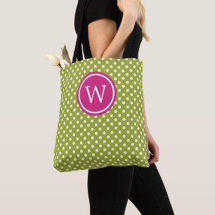 Grün und Weiß gepunktet mit rosa Monogramm Tasche