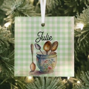 "Grün und Weiß kariert - Löffel in Tasse Ornament Aus Glas