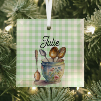 "Grün und Weiß kariert - Löffel in Tasse Ornament Aus Glas