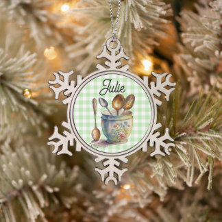 "Grün und Weiß Kariert - Löffel in Tasse Schneeflocken Zinn-Ornament
