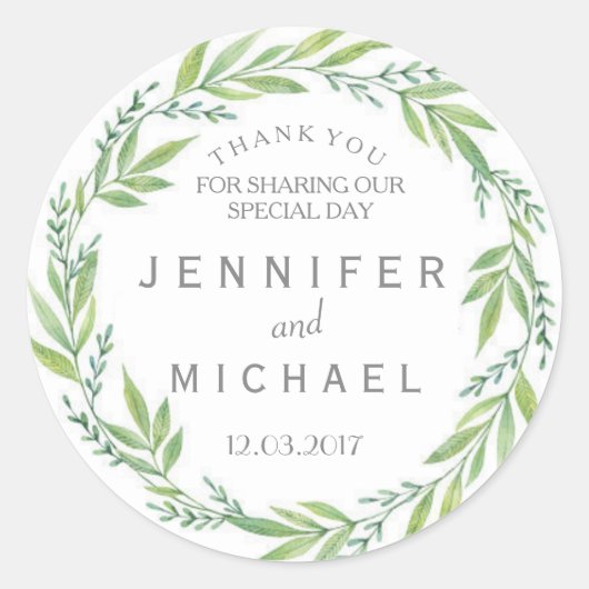 Grün und Weiß Kranz danke Ihnen Hochzeitsaufkleber Runder Aufkleber (Vorderseite)