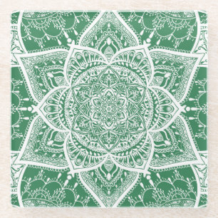 Grün und Weiß Mandala - Loergann in Rosemary Glasuntersetzer