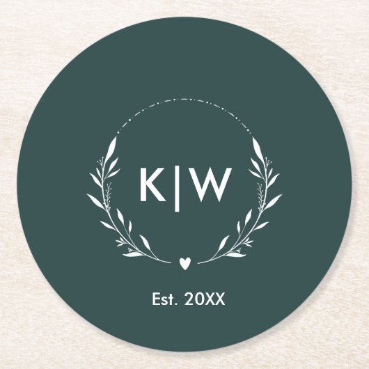 Grün und Weiß | Monogram für moderne Initials Runder Pappuntersetzer (Vorderseite)