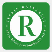 Grün und Weiß | Monogramm-Rücksendeadresse Quadratischer Aufkleber (Vorderseite)
