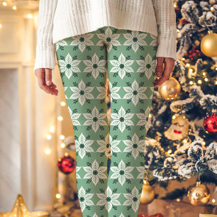 Grün und Weiß Poinsettia Muster Weihnachten Leggings