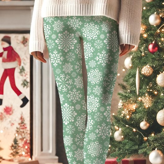 Grün und Weiß Schneeflocken Muster Weihnachten Leggings