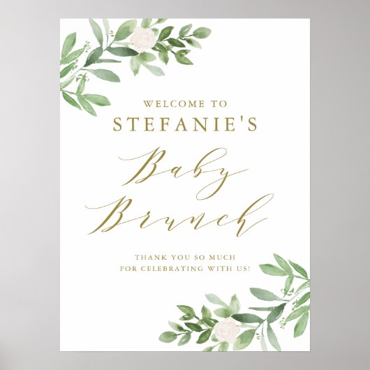 Grün und Weiße Blume Baby Brunch Willkommen Poster (Vorne)