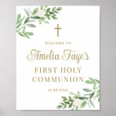 Grün und Weiße Blume Erste Kommunion Willkommen Poster (Vorne)