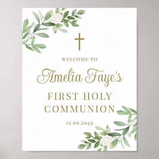 Grün und Weiße Blume Erste Kommunion Willkommen Poster (Vorne)