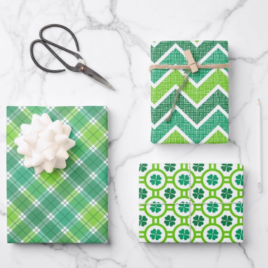 GRÜN- UND WEISSTÖNE IRISCHE MUSTER GESCHENKPAPIER SET (Vorderseite)