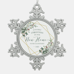 Grün unser erstes Weihnachten in unserem neuen Zuh Schneeflocken Zinn-Ornament