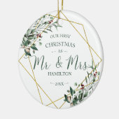 Grün Unsere ersten Weihnachten als Mr. & Mrs. Keramik Ornament (Links)