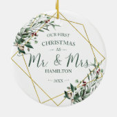 Grün Unsere ersten Weihnachten als Mr. & Mrs. Keramik Ornament (Hinten)