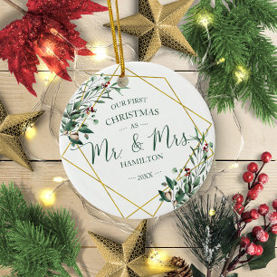 Grün Unsere ersten Weihnachten als Mr. & Mrs. Keramik Ornament