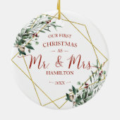 Grün Unsere ersten Weihnachten als Mr. & Mrs. Keramik Ornament (Hinten)