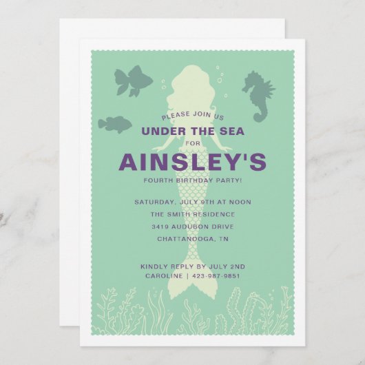 Grün unter der Meerjungfrau Geburtstag Einladung (Vorne/Hinten)
