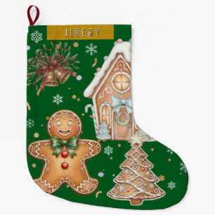 Grün Vintager Lebkuchenmann, Baum, Weihnachten Großer Weihnachtsstrumpf