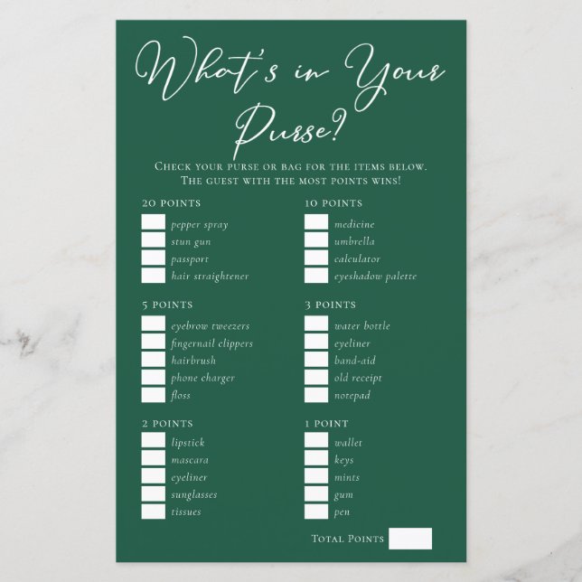 Grün Was ist in deinem Purse Brautparty Game? (Vorderseite)