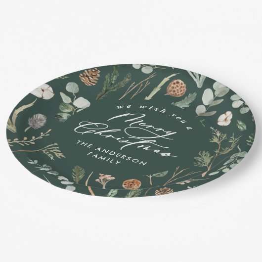 Grün Weihnachten minimalistisch botanisch Pappteller (Schrägansicht)