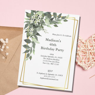 Grün Weiß Blumen Goldrahmen Eleganter Geburtstag Einladung
