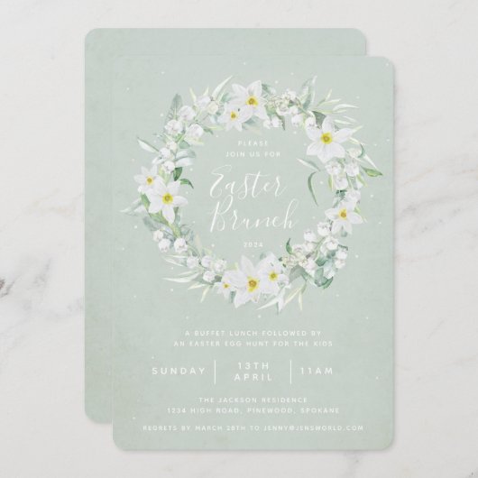 Grün + Weiß Blumengarten Osterfeier Einladung (Vorne/Hinten)