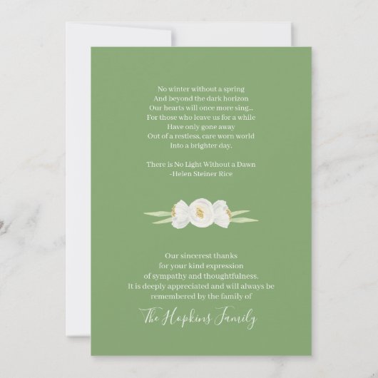 Grün-Weiß-Blüte auf der Beerdigung des Gedächtniss Dankeskarte (Rückseite)