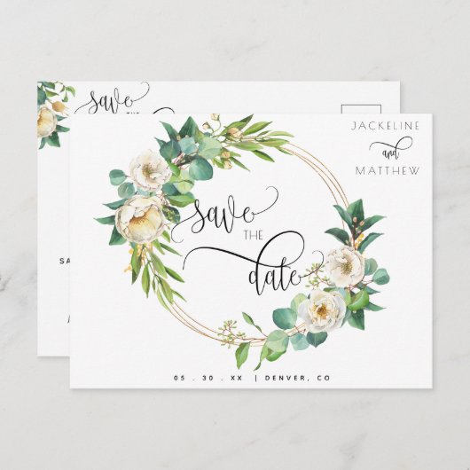 Grün, Weiß Gelbe Blütenhochzeit retten das Datum Postkarte (Vorne/Hinten)